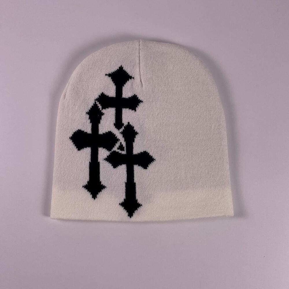 Y2K Triple Cross Knit Beanie | White and Black Gothic Cross Skull Cap | Grunge S